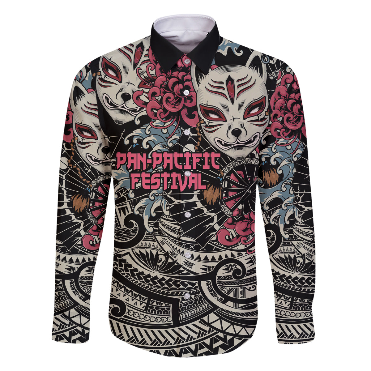 Personalized Japanese Kitsune Mask Family Matching Off Shoulder Short Dress and Hawaiian Shirt With Polynesian Arty Style LT9 Dad's Shirt - Long Sleeve Black - Polynesian Pride