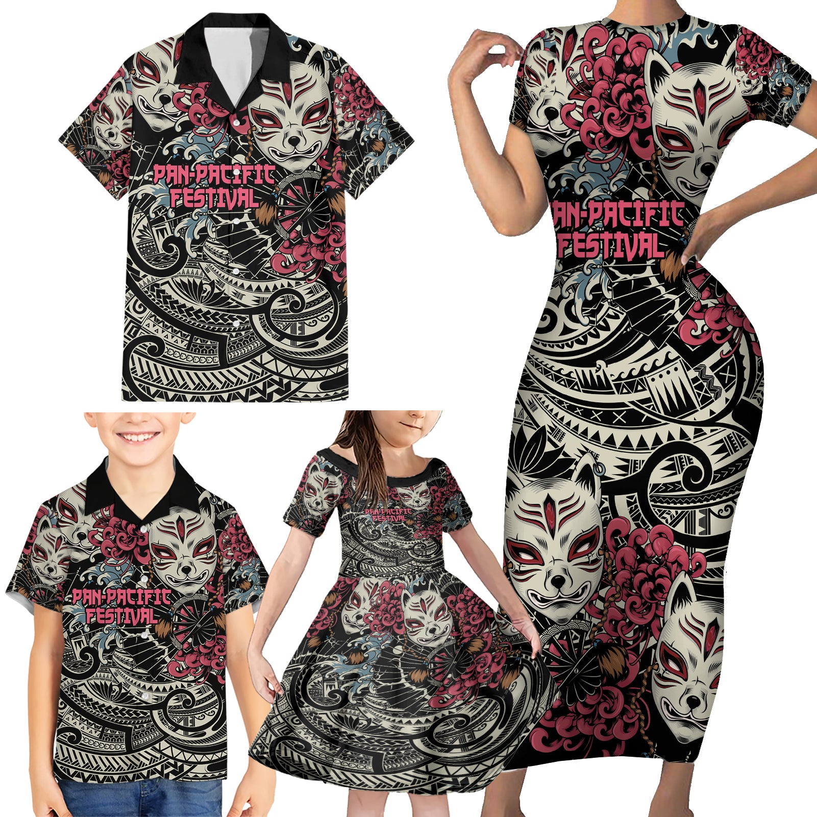 Personalized Japanese Kitsune Mask Family Matching Short Sleeve Bodycon Dress and Hawaiian Shirt With Polynesian Arty Style