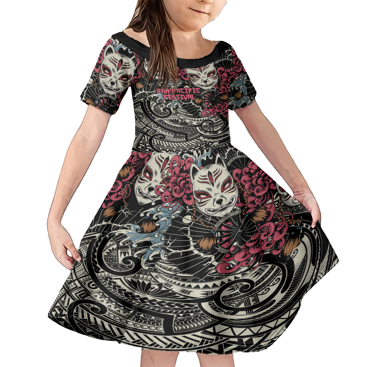 Personalized Japanese Kitsune Mask Family Matching Summer Maxi Dress and Hawaiian Shirt With Polynesian Arty Style LT9 Daughter's Dress Black - Polynesian Pride