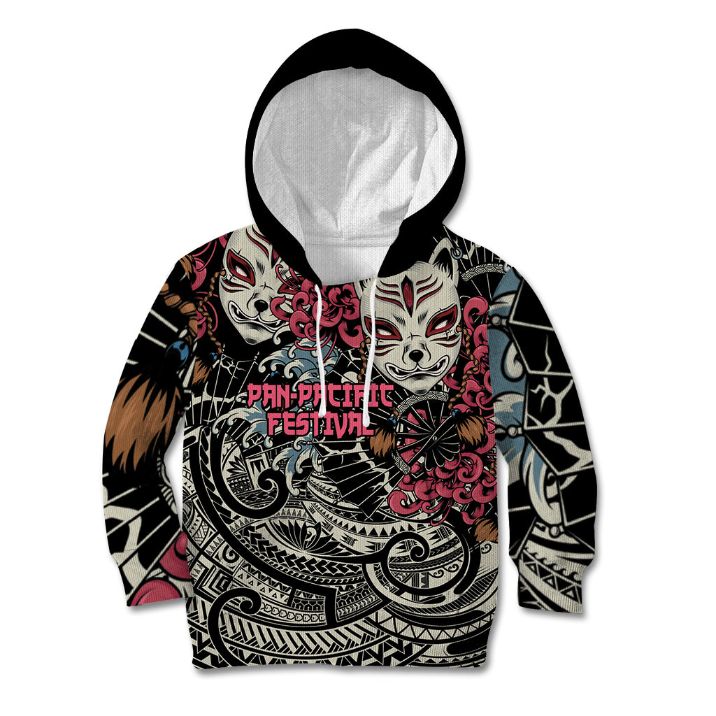 Personalized Japanese Kitsune Mask Kid Hoodie With Polynesian Arty Style