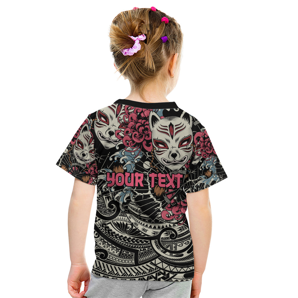 Personalized Japanese Kitsune Mask Kid T Shirt With Polynesian Arty Style