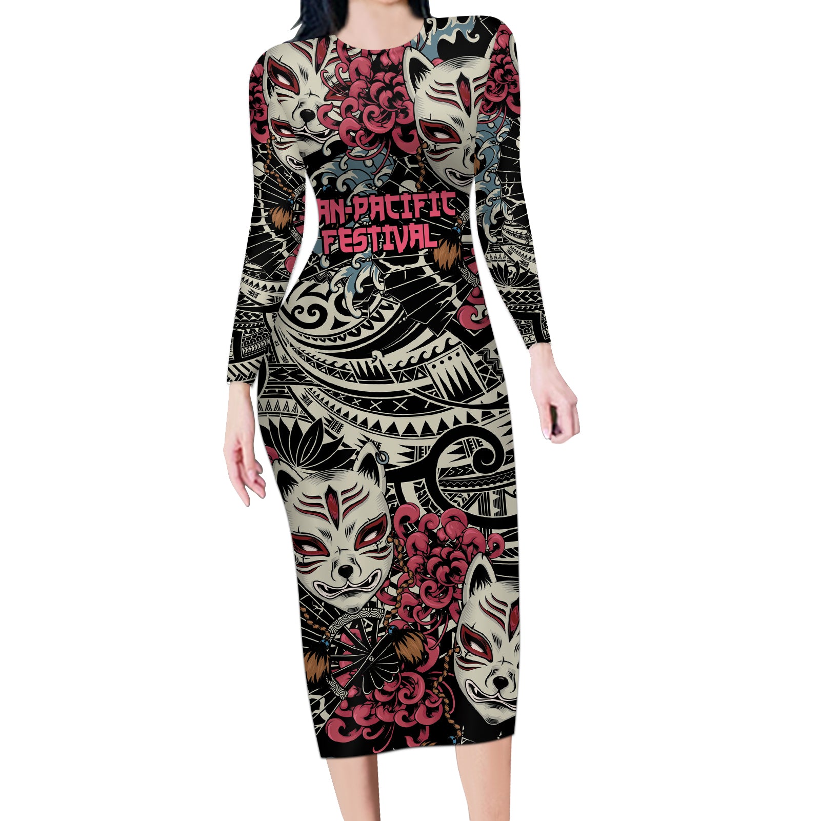 Personalized Japanese Kitsune Mask Long Sleeve Bodycon Dress With Polynesian Arty Style