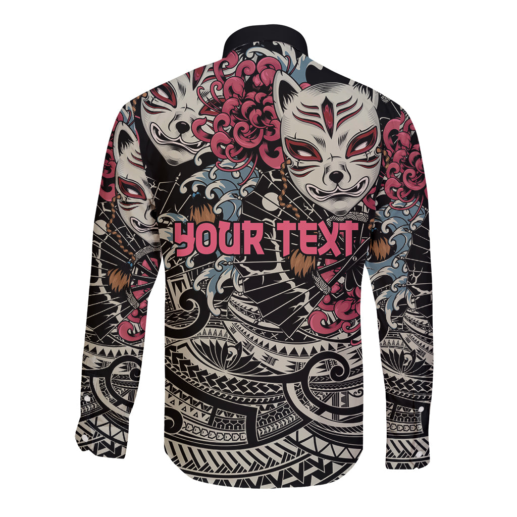 Personalized Japanese Kitsune Mask Long Sleeve Button Shirt With Polynesian Arty Style