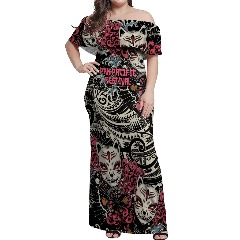 Personalized Japanese Kitsune Mask Off Shoulder Maxi Dress With Polynesian Arty Style LT9 Women Black - Polynesian Pride