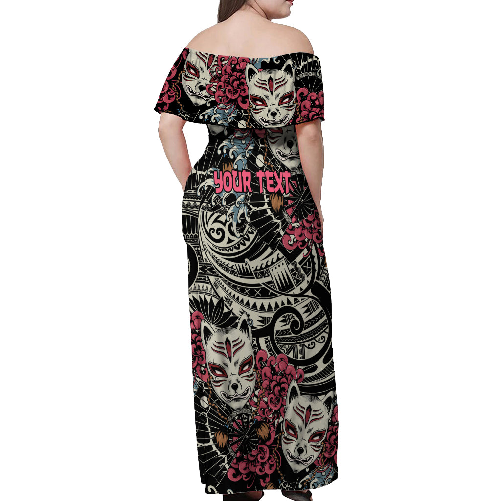 Personalized Japanese Kitsune Mask Off Shoulder Maxi Dress With Polynesian Arty Style LT9 - Polynesian Pride