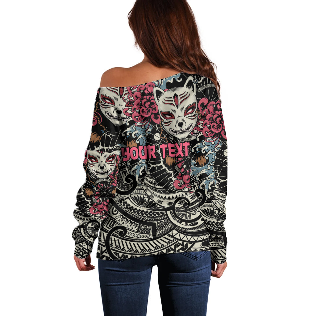 Personalized Japanese Kitsune Mask Off Shoulder Sweater With Polynesian Arty Style