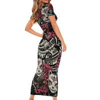 Personalized Japanese Kitsune Mask Short Sleeve Bodycon Dress With Polynesian Arty Style