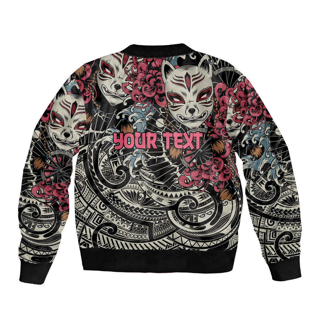 Personalized Japanese Kitsune Mask Sleeve Zip Bomber Jacket With Polynesian Arty Style