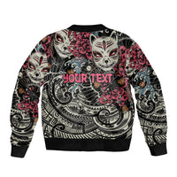Personalized Japanese Kitsune Mask Sleeve Zip Bomber Jacket With Polynesian Arty Style