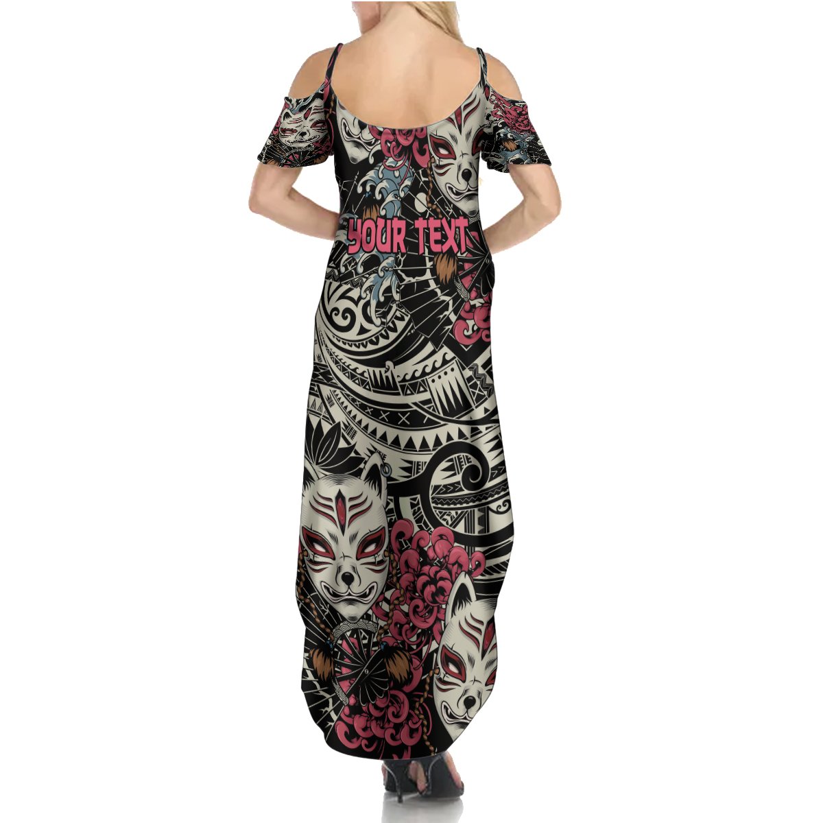 Personalized Japanese Kitsune Mask Summer Maxi Dress With Polynesian Arty Style LT9 - Polynesian Pride