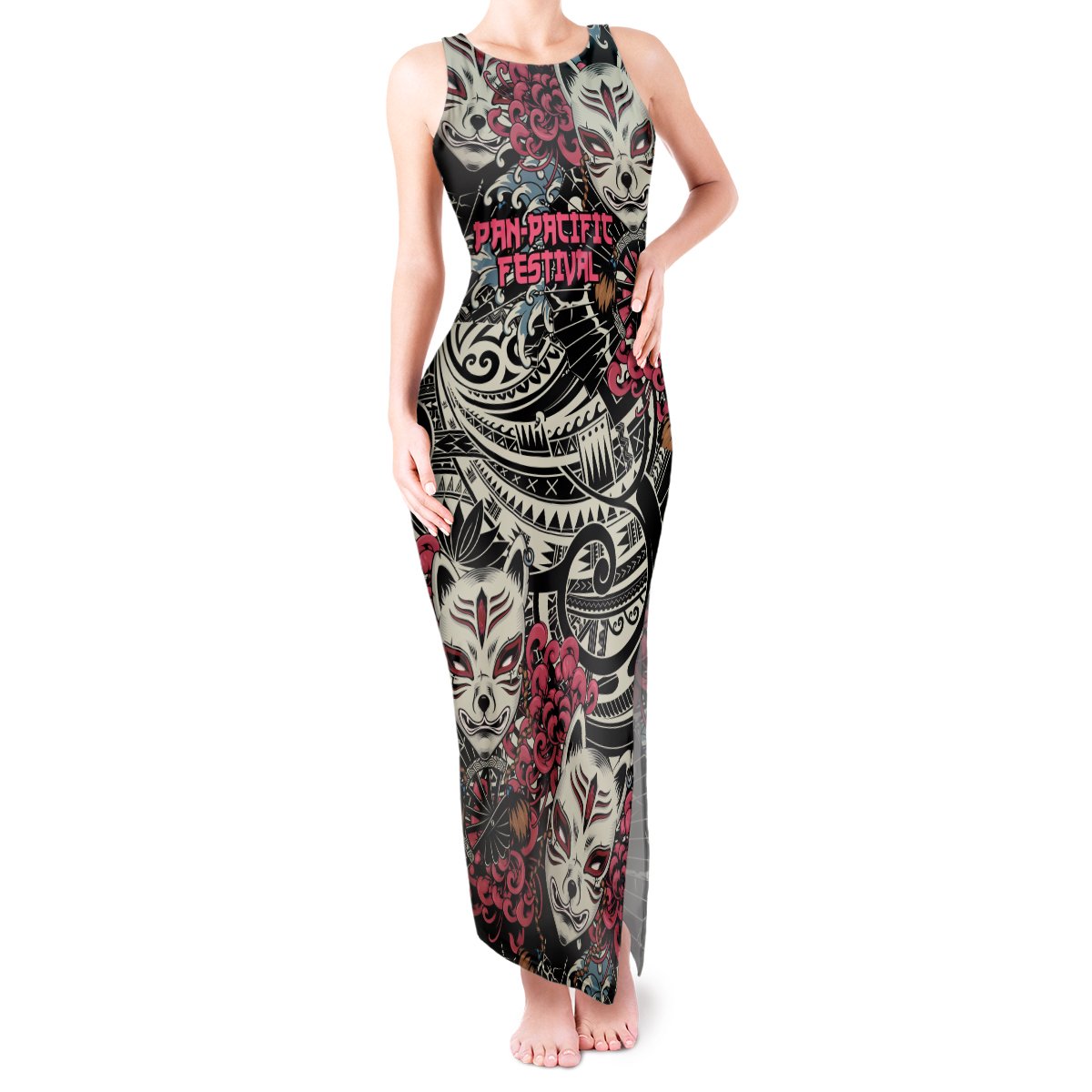 Personalized Japanese Kitsune Mask Tank Maxi Dress With Polynesian Arty Style LT9 Women Black - Polynesian Pride