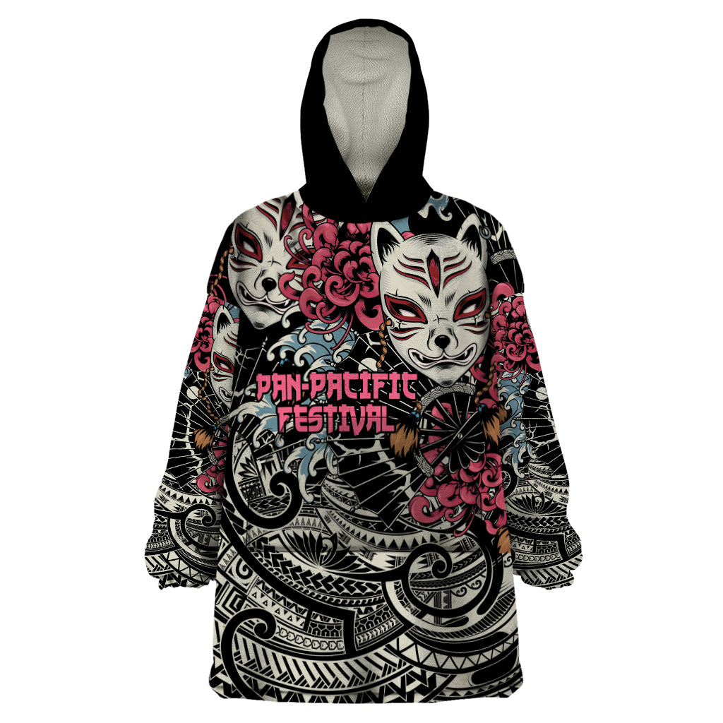 Personalized Japanese Kitsune Mask Wearable Blanket Hoodie With Polynesian Arty Style LT9 One Size Black - Polynesian Pride