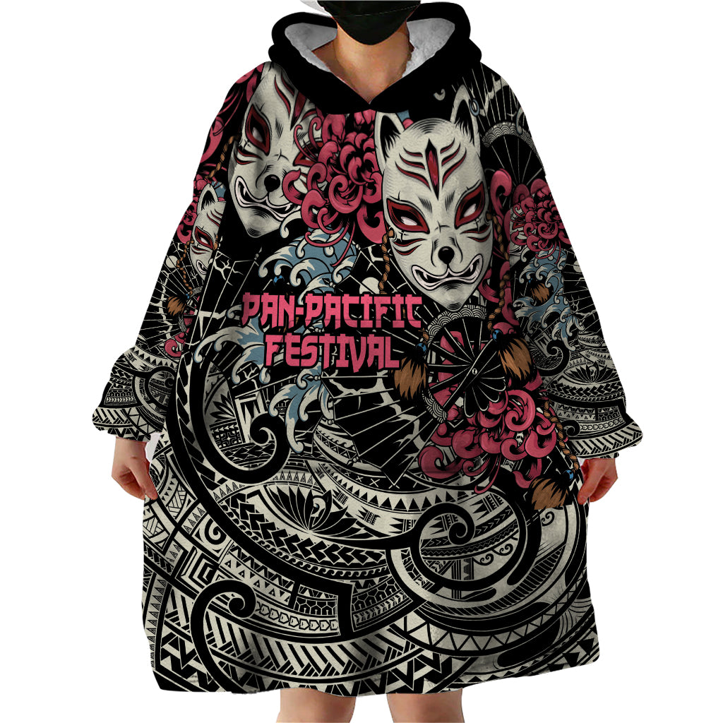 Personalized Japanese Kitsune Mask Wearable Blanket Hoodie With Polynesian Arty Style LT9 - Polynesian Pride