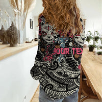 Personalized Japanese Kitsune Mask Women Casual Shirt With Polynesian Arty Style