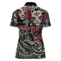 Personalized Japanese Kitsune Mask Women Polo Shirt With Polynesian Arty Style