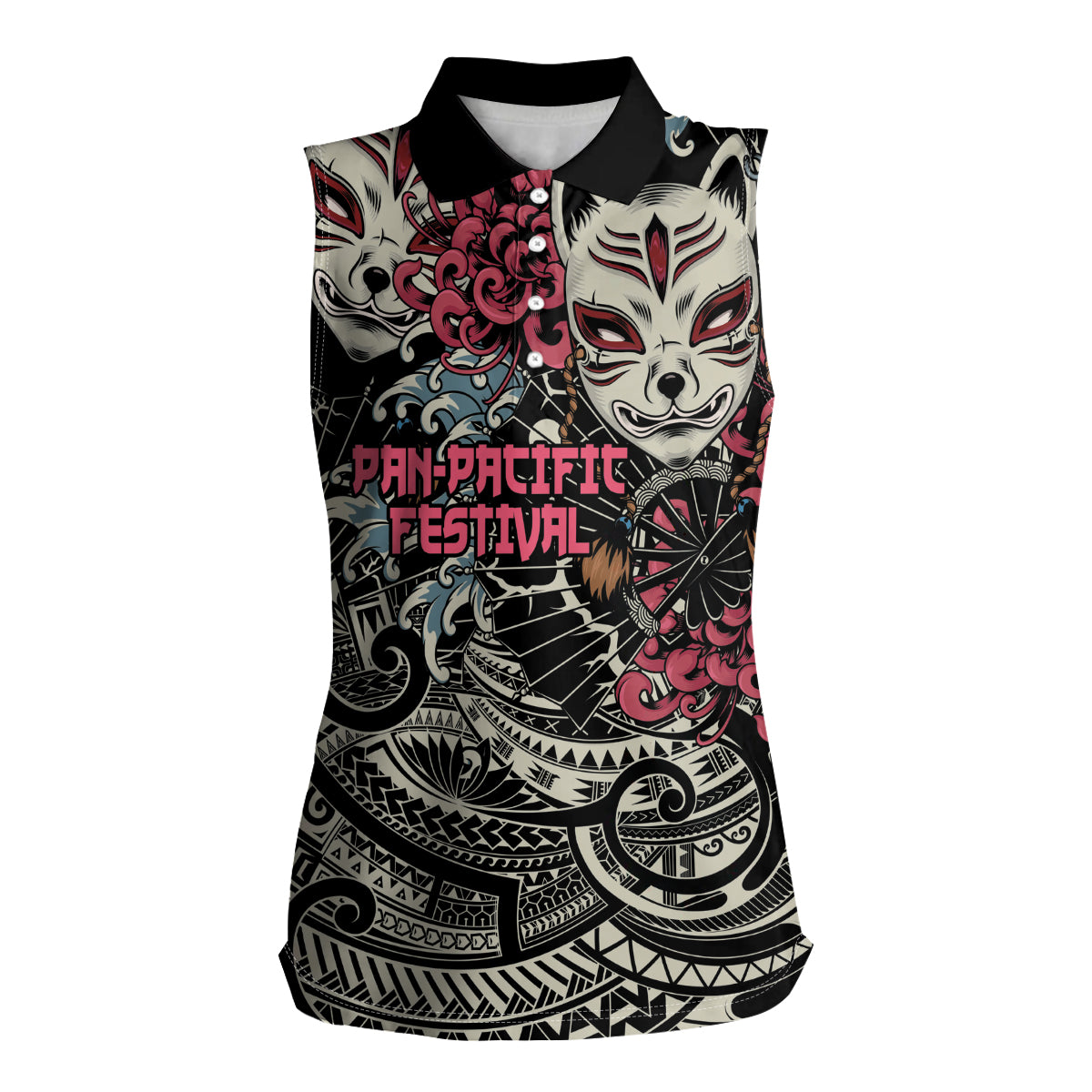 Personalized Japanese Kitsune Mask Women Sleeveless Polo Shirt With Polynesian Arty Style