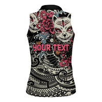 Personalized Japanese Kitsune Mask Women Sleeveless Polo Shirt With Polynesian Arty Style
