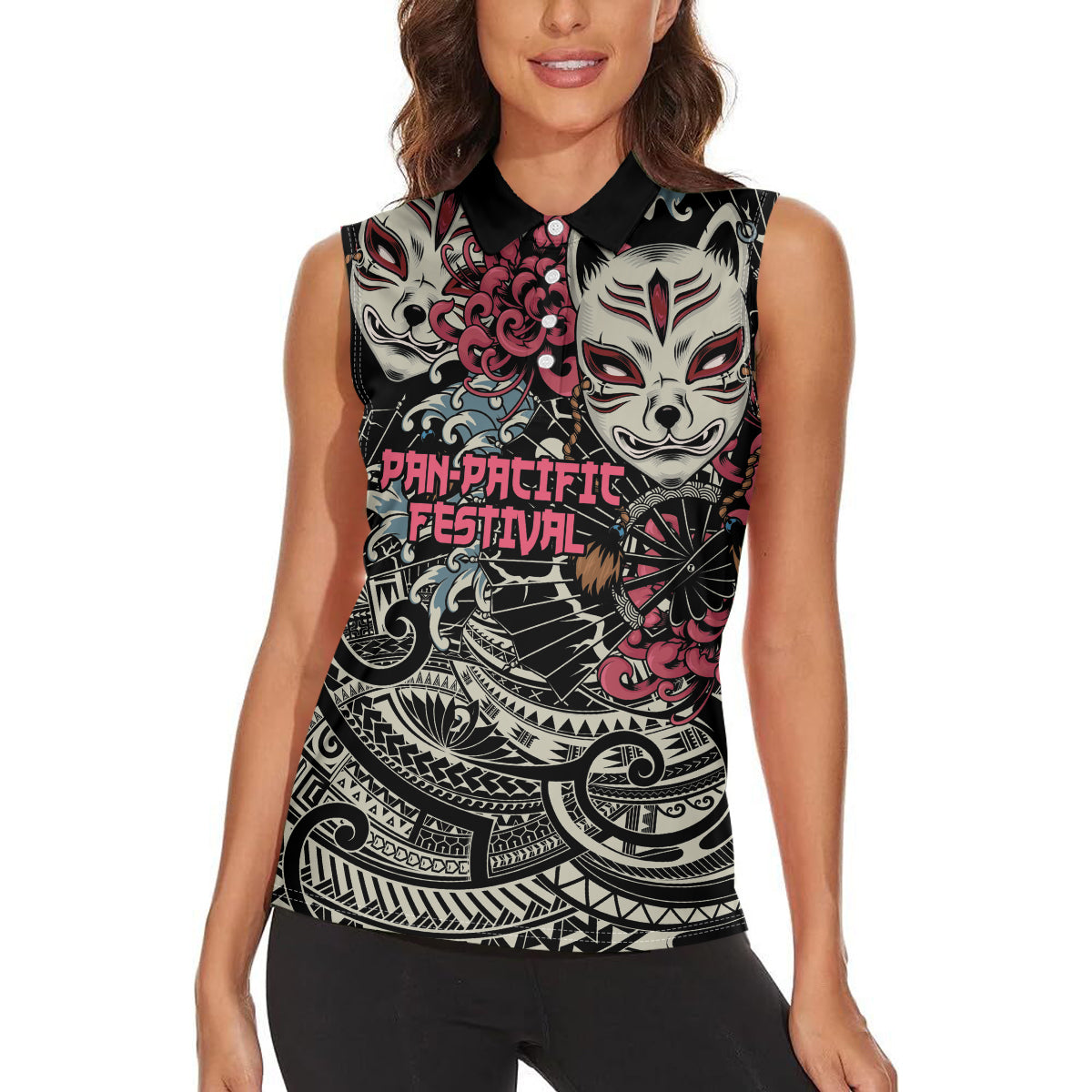 Personalized Japanese Kitsune Mask Women Sleeveless Polo Shirt With Polynesian Arty Style