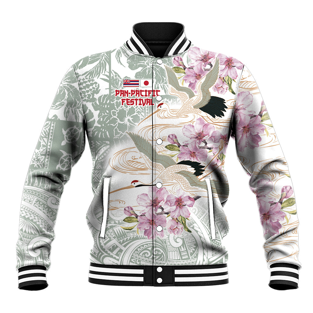 Personalized Japanese Shirasagi Bird Baseball Jacket Sakura and Hibiscus Polynesian Pattern LT9 Unisex White - Polynesian Pride