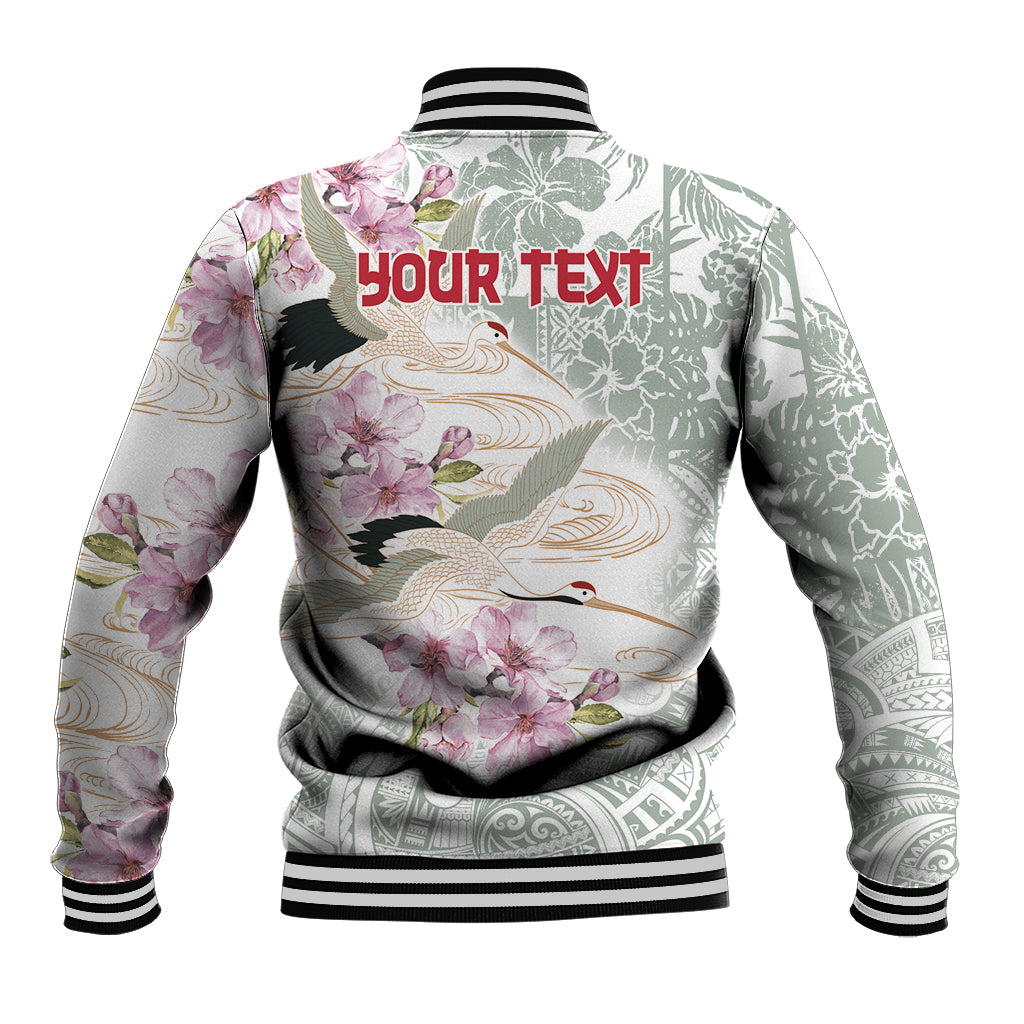 Personalized Japanese Shirasagi Bird Baseball Jacket Sakura and Hibiscus Polynesian Pattern LT9 - Polynesian Pride