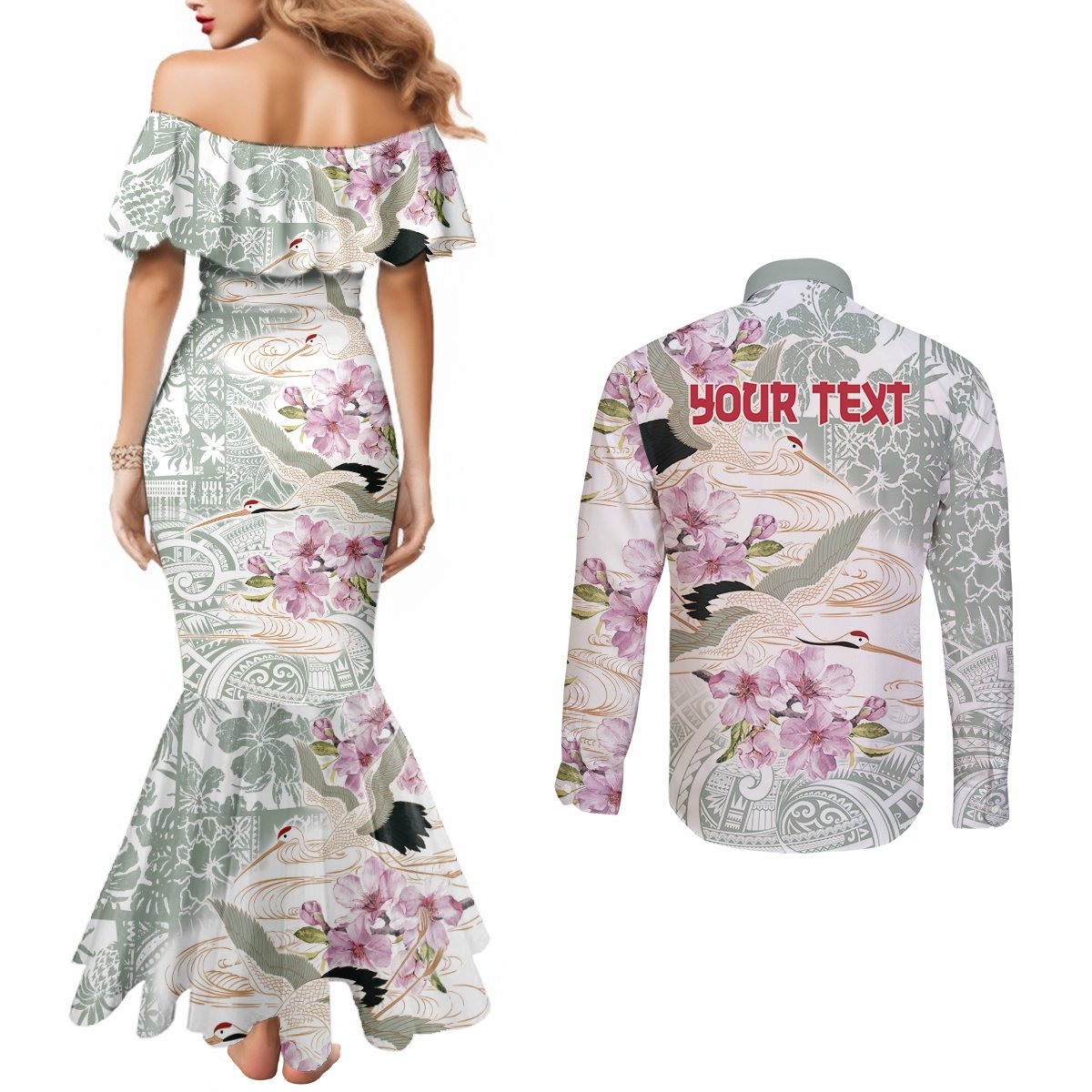Personalized Japanese Shirasagi Bird Couples Matching Mermaid Dress and Long Sleeve Button Shirt Sakura and Hibiscus Polynesian Pattern LT9 - Polynesian Pride