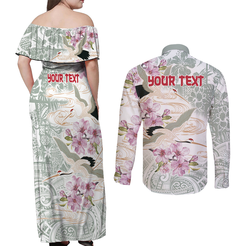 Personalized Japanese Shirasagi Bird Couples Matching Off Shoulder Maxi Dress and Long Sleeve Button Shirt Sakura and Hibiscus Polynesian Pattern LT9 - Polynesian Pride