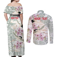 Personalized Japanese Shirasagi Bird Couples Matching Off Shoulder Maxi Dress and Long Sleeve Button Shirt Sakura and Hibiscus Polynesian Pattern LT9 - Polynesian Pride