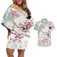 Personalized Japanese Shirasagi Bird Couples Matching Off Shoulder Short Dress and Hawaiian Shirt Sakura and Hibiscus Polynesian Pattern