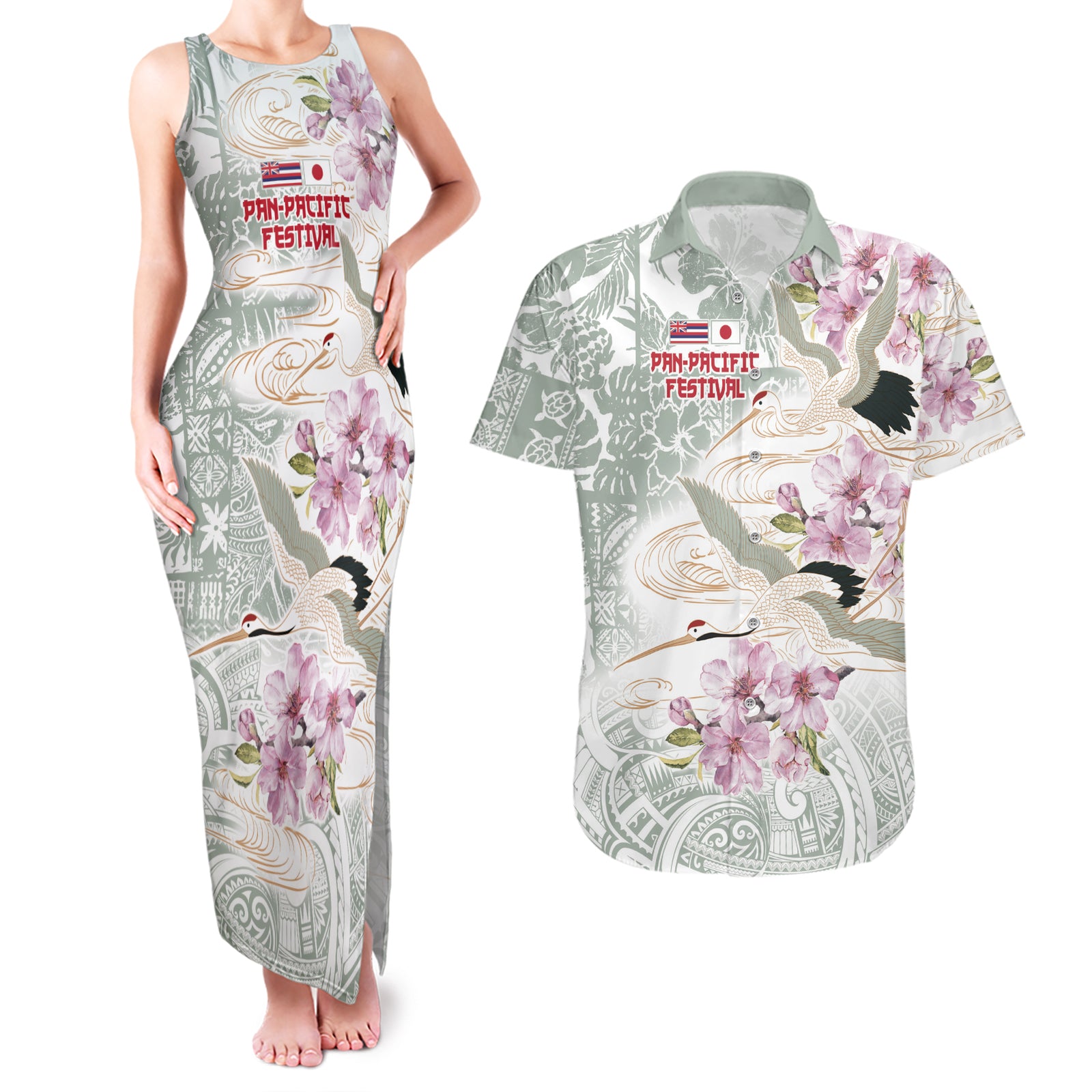 Personalized Japanese Shirasagi Bird Couples Matching Tank Maxi Dress and Hawaiian Shirt Sakura and Hibiscus Polynesian Pattern