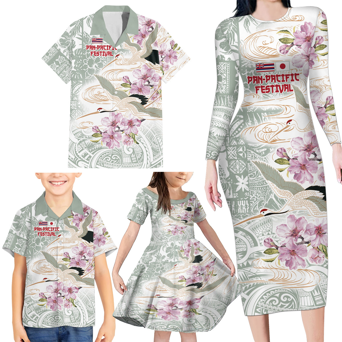 Personalized Japanese Shirasagi Bird Family Matching Long Sleeve Bodycon Dress and Hawaiian Shirt Sakura and Hibiscus Polynesian Pattern