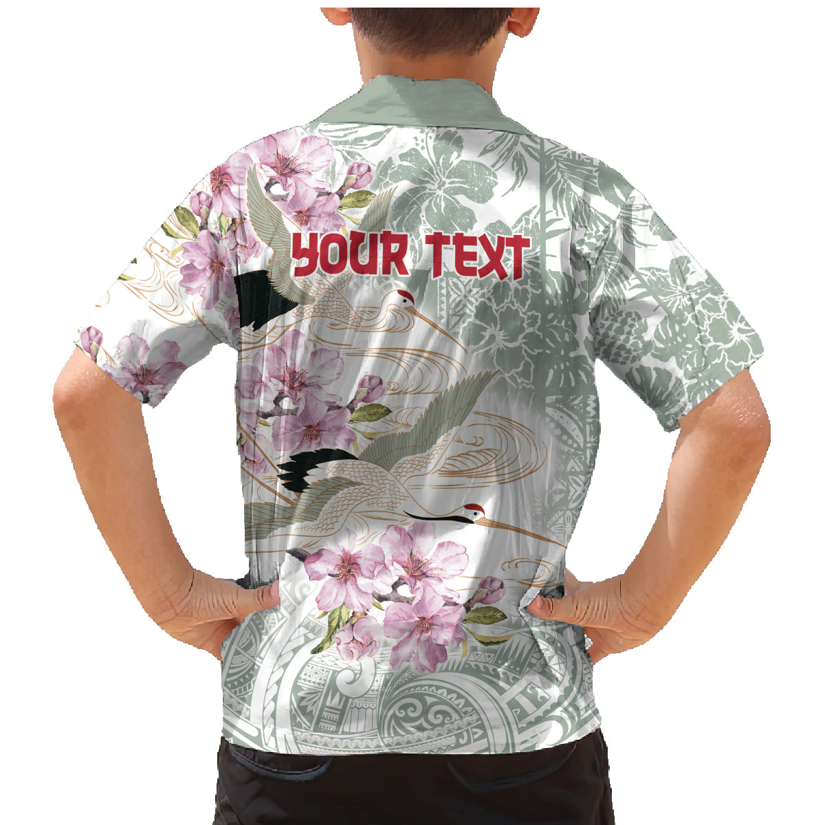 Personalized Japanese Shirasagi Bird Family Matching Mermaid Dress and Hawaiian Shirt Sakura and Hibiscus Polynesian Pattern