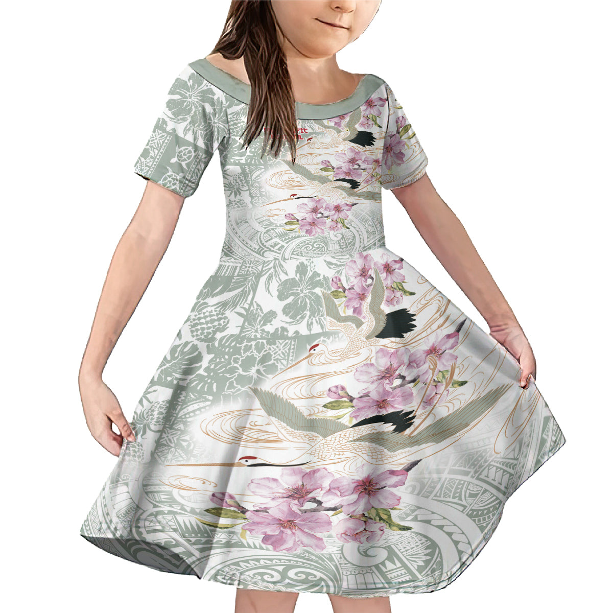 Personalized Japanese Shirasagi Bird Family Matching Mermaid Dress and Hawaiian Shirt Sakura and Hibiscus Polynesian Pattern
