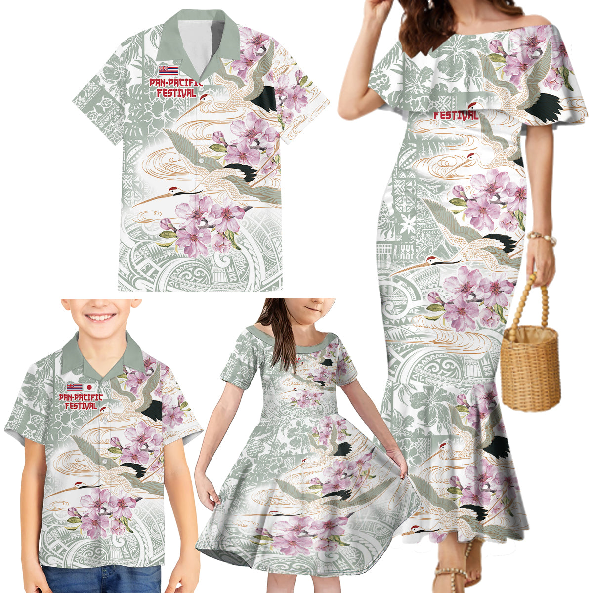 Personalized Japanese Shirasagi Bird Family Matching Mermaid Dress and Hawaiian Shirt Sakura and Hibiscus Polynesian Pattern