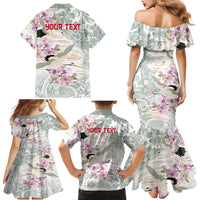 Personalized Japanese Shirasagi Bird Family Matching Mermaid Dress and Hawaiian Shirt Sakura and Hibiscus Polynesian Pattern