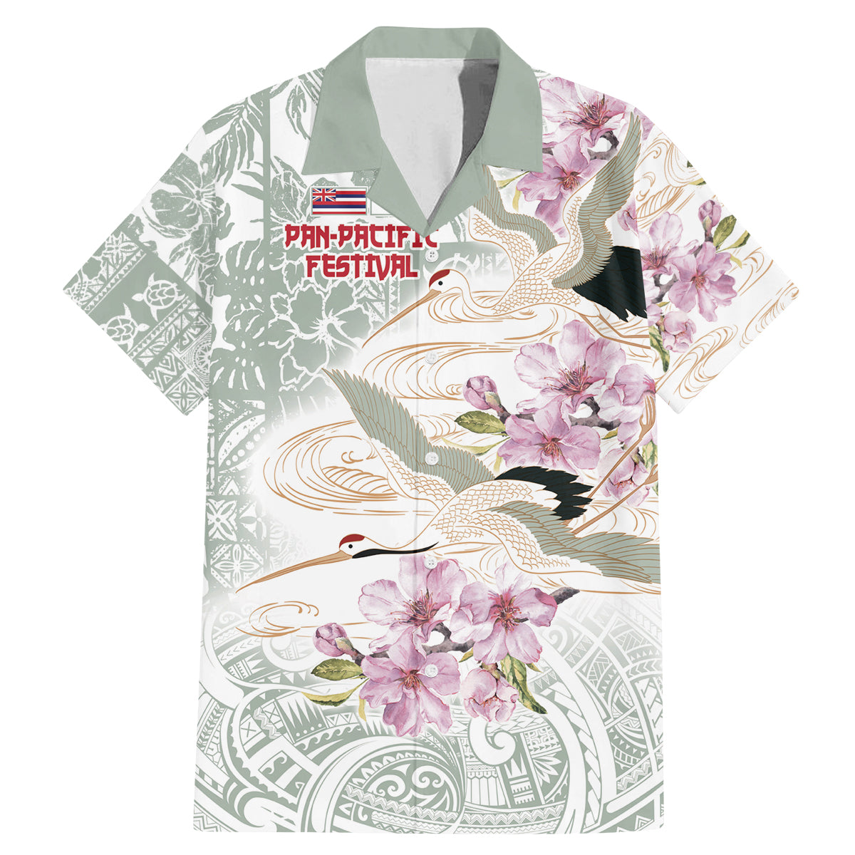 Personalized Japanese Shirasagi Bird Family Matching Mermaid Dress and Hawaiian Shirt Sakura and Hibiscus Polynesian Pattern