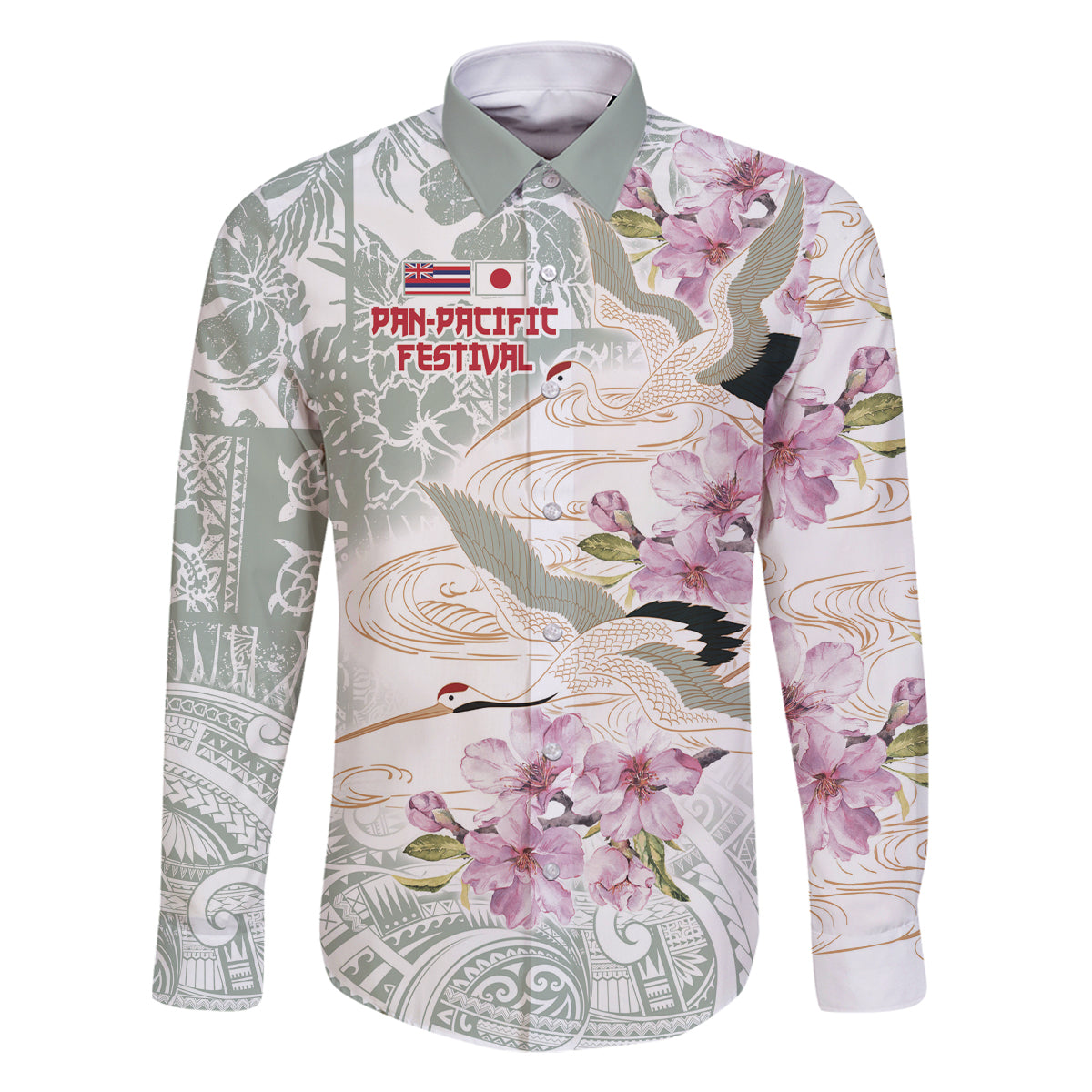 Personalized Japanese Shirasagi Bird Family Matching Mermaid Dress and Hawaiian Shirt Sakura and Hibiscus Polynesian Pattern