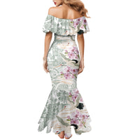 Personalized Japanese Shirasagi Bird Family Matching Mermaid Dress and Hawaiian Shirt Sakura and Hibiscus Polynesian Pattern