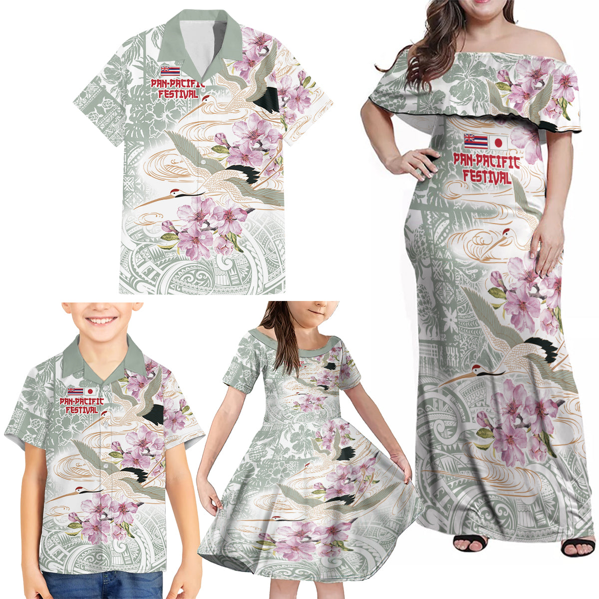 Personalized Japanese Shirasagi Bird Family Matching Off Shoulder Maxi Dress and Hawaiian Shirt Sakura and Hibiscus Polynesian Pattern