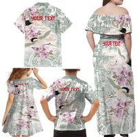 Personalized Japanese Shirasagi Bird Family Matching Off Shoulder Maxi Dress and Hawaiian Shirt Sakura and Hibiscus Polynesian Pattern