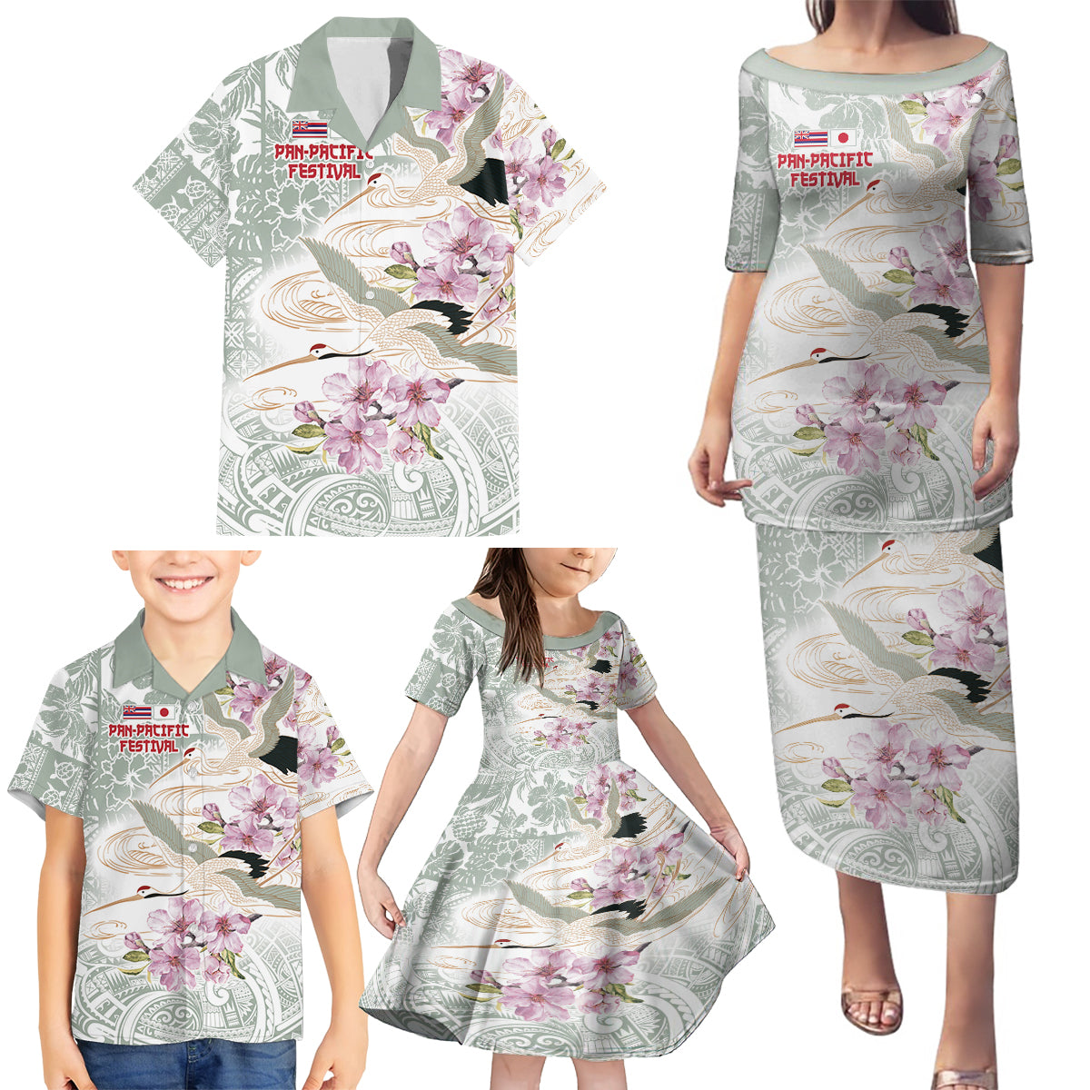 Personalized Japanese Shirasagi Bird Family Matching Puletasi and Hawaiian Shirt Sakura and Hibiscus Polynesian Pattern