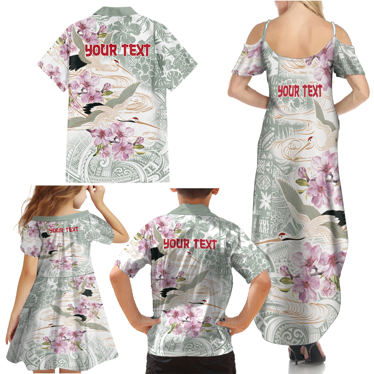 Personalized Japanese Shirasagi Bird Family Matching Summer Maxi Dress and Hawaiian Shirt Sakura and Hibiscus Polynesian Pattern