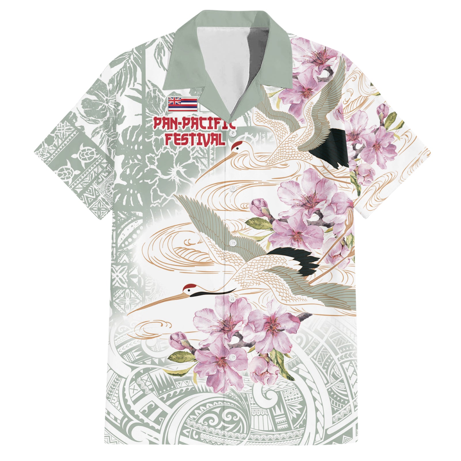 Personalized Japanese Shirasagi Bird Hawaiian Shirt Sakura and Hibiscus Polynesian Pattern