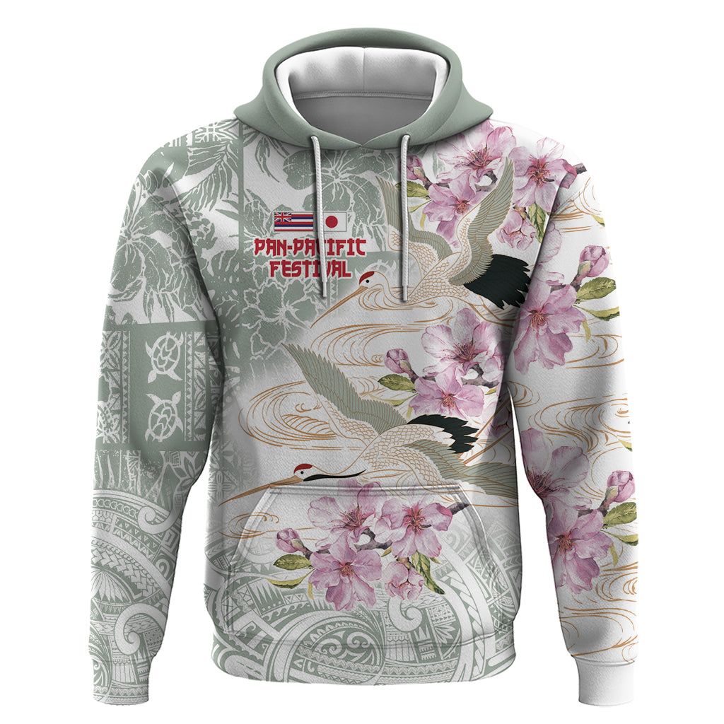 Personalized Japanese Shirasagi Bird Hoodie Sakura and Hibiscus Polynesian Pattern