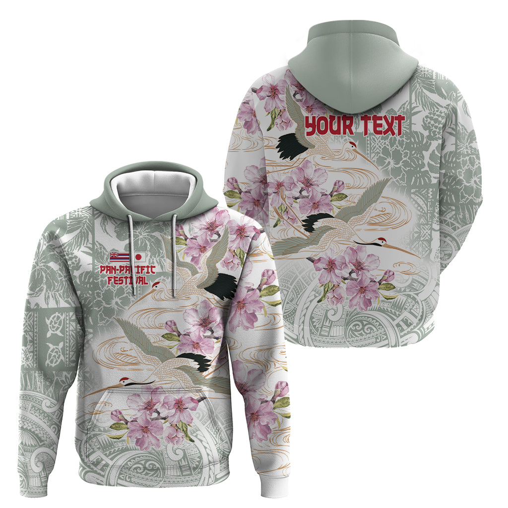 Personalized Japanese Shirasagi Bird Hoodie Sakura and Hibiscus Polynesian Pattern