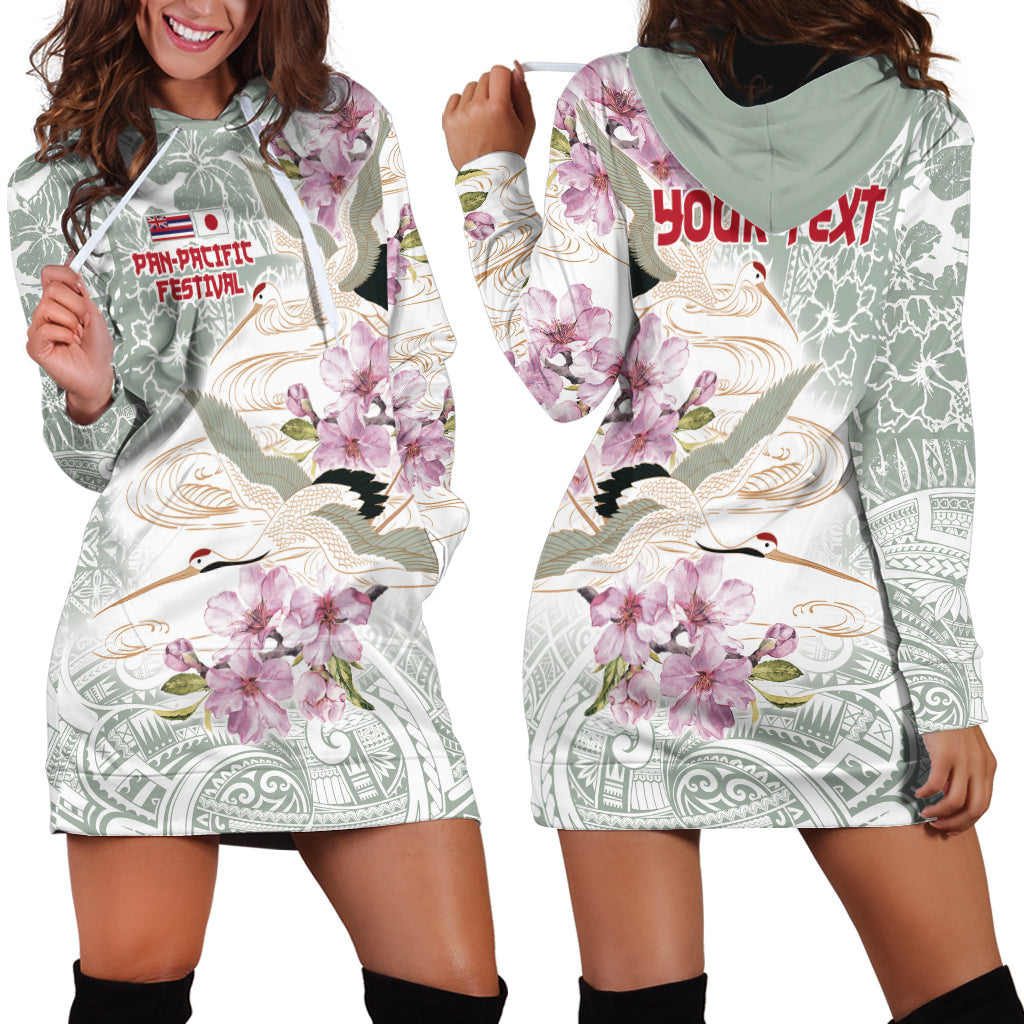 Personalized Japanese Shirasagi Bird Hoodie Dress Sakura and Hibiscus Polynesian Pattern LT9 - Polynesian Pride