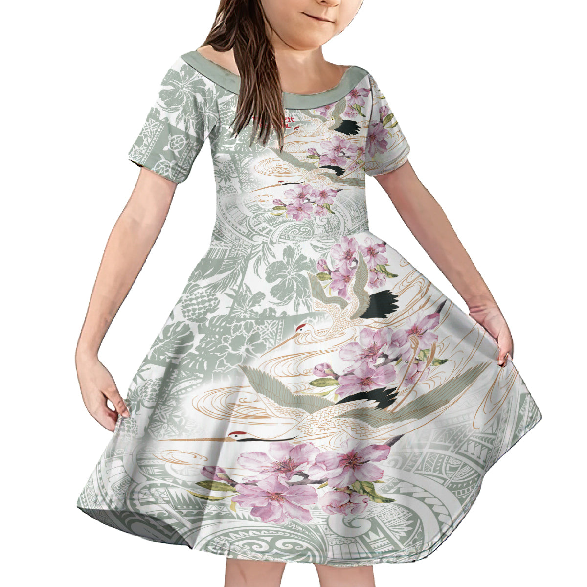 Personalized Japanese Shirasagi Bird Kid Short Sleeve Dress Sakura and Hibiscus Polynesian Pattern LT9 KID White - Polynesian Pride