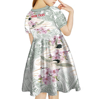 Personalized Japanese Shirasagi Bird Kid Short Sleeve Dress Sakura and Hibiscus Polynesian Pattern LT9 - Polynesian Pride