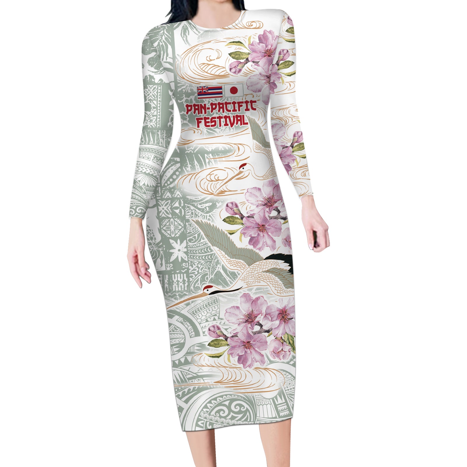 Personalized Japanese Shirasagi Bird Long Sleeve Bodycon Dress Sakura and Hibiscus Polynesian Pattern