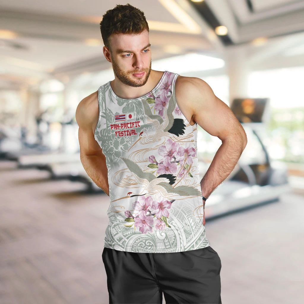 Personalized Japanese Shirasagi Bird Men Tank Top Sakura and Hibiscus Polynesian Pattern