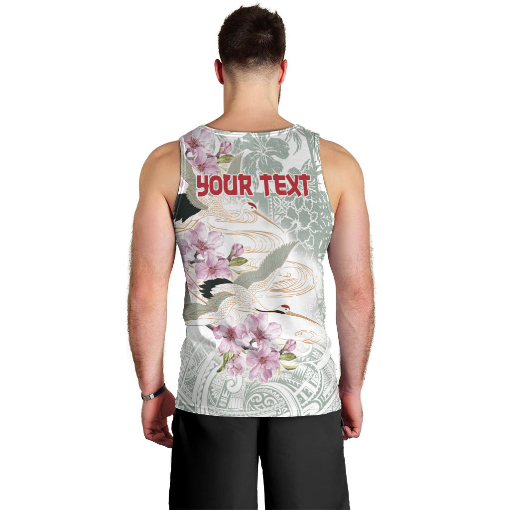 Personalized Japanese Shirasagi Bird Men Tank Top Sakura and Hibiscus Polynesian Pattern LT9 - Polynesian Pride